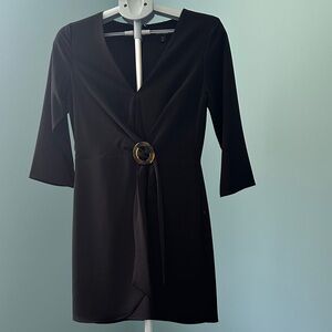 Express Black Long Sleeve Wrap Dress with Tortoiseshell Ring Accent